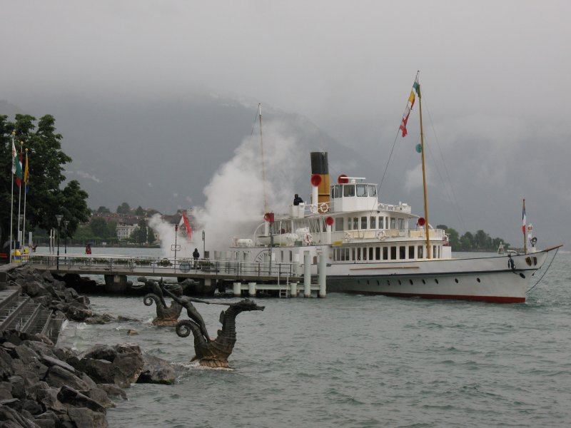 Kursschiffe fahren auch bei schlechtem Wetter.
Hier die Rhone an der Anlegestelle in Vevey,
mit einem wetterfesten Kapitn auf der Brcke.
(28.05.2007)