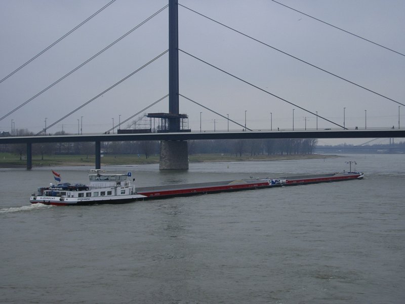 MS  Speranza  mit Sand beladen Rheinabwrts auf Hhe der Dsseldorfer Altstadt.(27.01.2008)