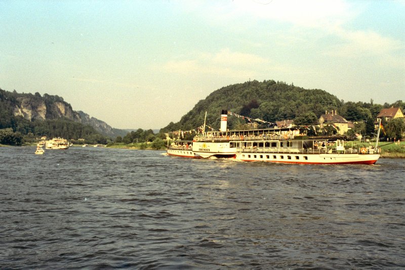 Personendampfer DRESDEN der Weien Flotte Dresden bei Stadt Wehlen, Schsische Schweiz, um 1987