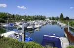 Blick auf die Marina Fuchs Hafen auf der Rheininsel bei Breisach, Juni 2022