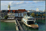 In Friedrichshafen liegt am 04.10.2023 die wenige Tage zuvor ausgemusterte Fähre  Fontainebleau  vor Anker. Sie wurde 1970 in Dienst gestellt und soll als Clubheim für einen Yachtclub umgebaut werden.
