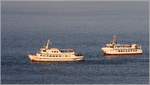 Die beiden Fahrgastschiffe GEESTEMÜNDE (ENI 05116790, links) und WEGA II (IMO 8892411) beteiligten sich am Schiffskorso zum Empfang der POLARSTERN bei deren Rückkehr von der 13-monatigen MOSAiC-Expedition nach Bremerhaven. 12.10.2020