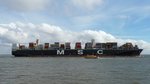 Größenvergleich: Das Ausflugsschiff  Störtebeker  passt locker zwischen zwei Buchstaben des Containerschiffs  MSC Laureen vor Cuxhaven, 10.9.2015
