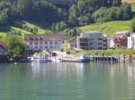 Das Ledischiff Gonzen und das  neue  FGS Walenstadt vom Bodensee, liegen in Unterterzen, dem Heimathafen der Walenseeflotte.