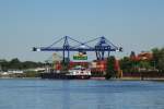 GMS AQUAPOLIS (06105002 , 135 x 17,35m) am 10.07.2015 beim Löschen von Containern in Mainz-Gustavsburg (Main).