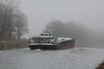 GMS  CALBE  (04030850 , 67 x 8,20m) befuhr am 02.03.2021 den Sacrow-Paretzer-Kanal /  UNTERE HAVEL-WASSERSTRASSE  bei km 30 zu Berg und verschwand wieder im Nebel.