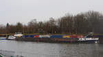 Mit Containern beladenes GMS Selandia (ex Ares, ex Camilla, ex Frankenland 3, ex Patria) ENI 4800990  Baujahr 1927; im Unterwasser Schiffshebewerk Lüneburg; Scharnebeck, 11.01.2020


