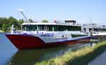 KFGS   Rhein Melodie , am Anleger in Breisach am Rhein,  Rhein Melodie  ist die ex  Viking Sun , gebau 2005 in den Niederlanden, 131m lang, 198 Passagiere, 2x1065PS, gemeldet in Oberwesel/Rhein, August 2023