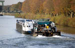 Schubboot EDDA (ENI:05609510) L.25,66m B.8,19m & TMS -KASKO NT 1804 L.86m B.11,45m am 07.11.2020 auf dem WDK in Datteln zu Tal.