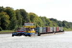 Schubboot RONJA (05802220 , 25,33 x 8,22m) schob am 25.09.2020 nach dem Koppeln die beiden je 65m langen Leichter vom Schiffshebewerk Scharnebeck im Elbe-Seitenkanal zu Berg.
