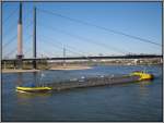 Das schweizer Tankschiff  PIZ EVEREST , aufgenommen am 15.10.2009 von der Dsseldorfer Rheinpromenade aus. Im Hintergrund die Rheinkniebrcke.