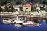 Schon eine sehr alte Aufnahme: 4.5.1990
Der Raddampfer  Kurort Rathen  stoppt seine Fahrt,
um in Bad Schandau anzulegen.