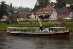 Der Schraubendampfer  Sachsenwald  am 30.08.2012 an der Anlegestelle in Stadt Wehlen/Bastei, kurz nachdem ein schweres Unwetter ber den Ort gezogen ist. Das Schiff wurde 1914 auf der Schiffswerft  Gebr. Wiemann  in Brandenburg/Havel gebaut und kam bis 1972 auf mehreren Wasserstraen (Elbe, Mrkische Wasserstraen, Oder) als Bugsierer, Havariefahrzeug, Eisbrecher und Schlepper zum Einsatz. danach wurde es stillgelegt. 1980 wurde es vom jetzigen Eigner schrottreif erworben und gelangte nach Knigstein. Fr einen Wiederaufbau fehlten jedoch vorerst die Mittel. Im Jahr 1985 wurde er zum Technischen Denkmal erklrt. Nach 1990 wurde das Schiff dann auf der Schiffswerft Dresden-Laubegast rekonstruiert, zum Personendampfer umgebaut und 1991 wieder in Dienst gestellt. Seither wird er von der Personenschiffahrt Oberelbe fr Ausflugs- und Charterfahrten eingesetzt.
(Aufnahme erfolgte vom Personendampfer  Meissen )