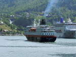 Das Hurtigrutenschiff 'Kong Harald', IMO 9039119, am 12.07.2013 im Geirangerfjord. 
MS Kong Harald wurde am 25. Juni 1993 zum 100-jährigen Jubiläum von Hurtigruten in Dienst gestellt. Gebaut wurde das Schiff auf der  Volkswerft Stralsund GmbH.