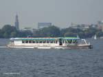 ALSTERWASSER am 26.7.2012 in Hamburg auf der Auenalster /
Brennstoffzellenfahrgastschiff / La 25,56 m, B 5,2 m, Tg 1,31 m / 130 PS / 100 Pss. / Alster-Touristik GmbH (ATG) / 2008 bei SSB, Oortkaten /
