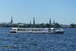 ALSTERSCHIPPER (H6060) am 14.6.2021 auf der Außenalster /  Fahrgastschiff, Barkasse  / Lüa 25,56 m, B 5,2 m, Tg 1,25 m / 112 Fahrgäste / Eigner: Alster-Touristik GmbH (ATG) / gebaut