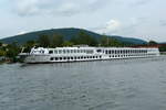 Kabinen-FGS 'RIVER AMBASSADOR' (ENI 02320666) hat auf seiner Talfahrt gerade die alte Mainbrücke bei Miltenberg passiert.