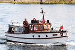 Verkehrsboot KUDDEL der RK Marine Kiel am 11.7.2019 auf der Trave bei Lübeck-Travemünde. Baujahr: 1957 Länge: 11,70 Meter