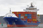 Containerschiff SPIRIT (IMO: 9302255) am 2.4.2021 auf der Trave bei Lübeck-Schlutup