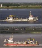 Die SHOREWAY (IMO 9420344) vor und nach dem Verklappen des Baggergutes. Dieser hopper dredger (Laderaumsaugbagger) wurde 2009 gebaut, ist 85 m lang, 21 m breit und hat eine GT 5005. von 01.06.2009