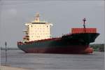 Die 2006 gebaute AS CARIA (IMO 9309411) am 04.07.2012 in Hhe Berne Weser aufwrts fahrend. Sie ist 222 m lang, 30 m breit, hat eine GT von 28.592, eine DWT von 39.420 und eine Kapazitt von 2.824 TEU. Heimathafen ist Monrovia (Liberia).