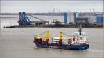 Die 2008 gebaute BBC KWIATKOWSKI (IMO 9436953) am 21.03.2015 Weser aufwärts fahrend. Sie ist 122 m lang, 18 m breit und hat eine GT von 6115. Heimathafen ist St. John's auf Antigua and Barbuda. 