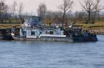 Schubschiff  Tisza  (38601329) aus Budapest/HU sitzt mit GSL  RoRo 10  (08546782) auf Talfahrt bei Winzer/Donau auf einer Kiesbank fest. 10.03.2014