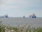 Reger Schiffsverkehr mit See-und Binnenschiffen auf der Elbe am 14.05.2010 zwischen Twielenfleeth und Stadersand.