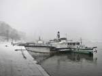 Die Weiße Flotte, hier im Vordergrund die  Meissen , versinkt in der weissen Pracht. Schneefall in Dresden am 23.02.2013