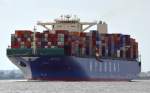HYUNDAI  TENACITY, Containerschiff,  IMO:  9475674  Heimathafen Monrovia, passiert gerade Wedel Richtung Hamburg am 06.06.2014. Baujahr:  2012, Tragfähigkeit: 141550 t, L; 366m, B; 48m, T; 15,50m, Geschwindigkeit: 24,3kn, TEU: 8628.