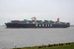 HANJIN EUROPE  Containerschiff  IMO 9502908 , Baujahr 2012 , Lühe  08.04.2015 , 366 x 48m , TEU 13102

