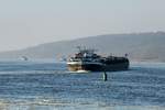 Blick auf die Elbe zu Tal am 14.02.2017 bei Artleburg. GMS Thekla (04003330) kam aus dem Elbe-Seitenkanal und fuhr wie das vorausfahrende GMS Vulkan (04014600) die Elbe zu Tal. Links davon kommt das GMS Pankgraf (04012520) die Elbe zu Berg gefahren.