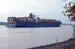 Rio Barrow  Containerschiff,  Heimathafen  Monrovia IMO: 9216999, Teu: 5551, Länge 274,67 m, Breite 40,10 m, Baujahr 2001. Gesehen am 25.09.2017 bei Wedel auslaufend.