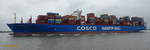 COSCO SHIPPING SAGITTARIUS (IMO 9783473) am 14.7.2019, Hamburg auslaufend auf der Unterelbe /   Containerschiff / BRZ 194.864 / Lüa 399,8 m, B 58,6 m, Tg 16 m / 1 Diesel, 67.100 kW, 21 kn /