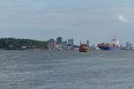 Hamburg am 21.8.2019: reger Schiffsverkehr auf der Elbe, die HADAG-Fähre TOLLERORT den Anleger Bubendeyufer ansteuernd, und das auslaufende Containerschiff HERON HUNTER vor der Kulisse des Hafens