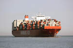 Container Ship CAP SAN RAPHAEL (IMO:9622253) Flagge Denmark auf der Elbe am 02.04.2023 bei Brokdorf.
