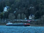 Das Tankmotorschiff AURIGA (ENI: 04607590) war Anfang April 2021 auf dem Rhein bei Unkel zu sehen.