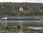 Anfang April 2021 war auf dem Rhein bei Remagen neben einem einsamen Ruderer das Tankmotorschiff MONTREAL (ENI: 02333685) zu sehen.