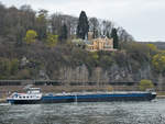 Das Tankmotorschiff VEERMAN (ENI: 02329919) ist hier auf dem Rhein unterwegs. (Unkel, April 2021)