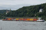 Der aus Marla Duo (ENI: 02325700) und Marla ENI: 02324035) bestehende Koppelverband ist hier auf dem Rhein unterwegs. (Unkel, August 2021)