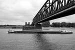 Das Gütermotorschiff ADRIAAN-J (ENI: 02322824) passiert gerade die Hochfelder Eisenbahnbrücke. (Duisburg, Dezember 2022)
