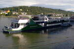 Heckansicht des FGS CONFLUENTIA der Rheinschifffahrt Hölzenbein am 14.08.2023 in seinem Heimathafen Koblenz.