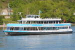 Das Fahrgastschiff NAMEDY (ENI: 043066780) der Gilles Personenschifffahrt GmbH, Baujahr 1991, bringt Besucher von Andernach zum Kaltwassergeysir auf der Halbinsel Namedyer Werth.