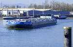 TMS Sophia, rheinaufwärts, vor der Staustufe Vogelgrün/Elsaß, dahinter im Rheinhafen Neubreisach (Neuf-Brisach) ankert das GMS Loma, März 2025