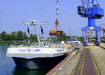 GMS Sandra W., ENI 02335125, beim Entladen im Rheinhafen Breisach, Aug.2025