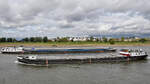 Die Frachtschiffe AQUITAINE (ENI: 02319450) und RODACH (ENI: 04502620) begegnen sich auf dem Rhein, so gesehen Anfang September 2026 in D�sseldorf.