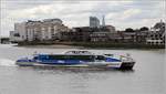 Die 2017 gebaute JUPITER CLIPPER ist auf der Themse in London unterwegs. Sie kann bis zu 172 Passagiere befördern. 09.06.2019