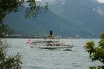 Die 1910 durch die Firma Sulzer in Winterthur erbaute  LA SUISSE  ist ein heute noch im regulären Fahrbetrieb betriebener historischer Schaufelraddampfer auf dem Genfersee. Besitzer ist die Générale de Navigation sur le lac Léman. Villneuve, 28.07.2015