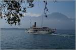 Das Dampfschiff  VEVEY  auf der Fahrt Richtung Montreux; der Fotostandpukt befindet sich auf der Seepromenade von Vevey.