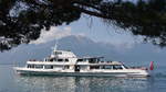 Fahrgastschiff CGN HENRY - DUNANT auf dem Genfersee bei Montreux, im Hintergrund Berg Grammont (2172m) im Chablais-Massiv in den Savoyer Alpen; 13.06.2014
